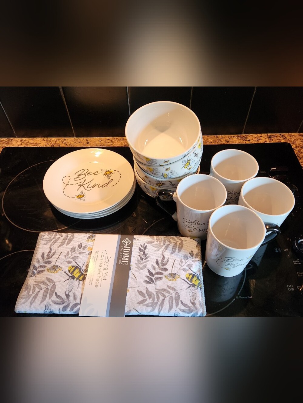 Sweet Bee Kind Ceramic Dish Set with Mugs and Towels - Yellow Bee Motif Set Of 4